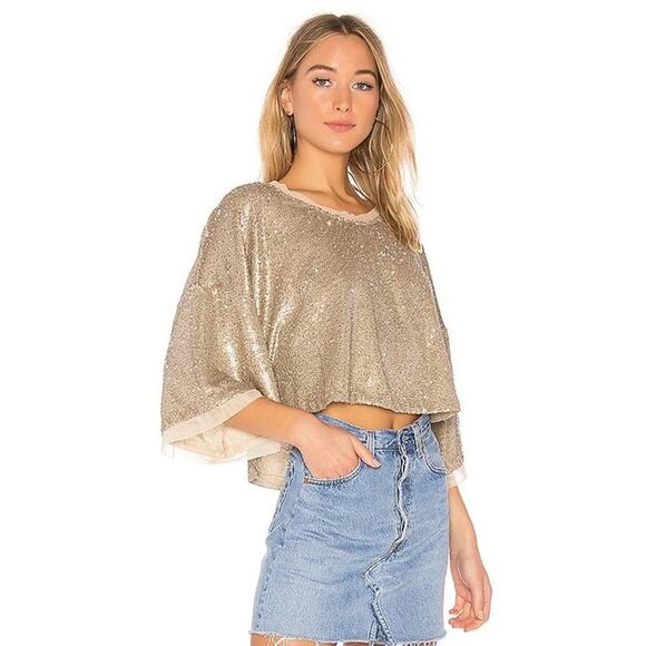 Free People Champagne Dreams Tee Small Neutral Gold Sequin Oversized Cropped - Picture 2 of 13